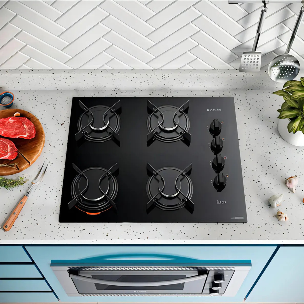 Cooktop 4 Bocas a Gás Atlas UTop Mesa de Vidro Mega Chama Preto