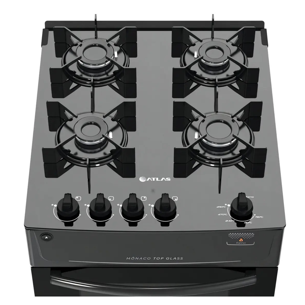 Fogão de Piso 4 Bocas Atlas Mônaco Top Glass Mesa de Vidro Forno 48L Preto