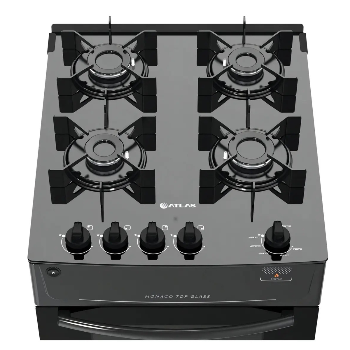 Fogão de Piso 4 Bocas Atlas Mônaco Top Glass Mesa de Vidro Forno 48L Preto