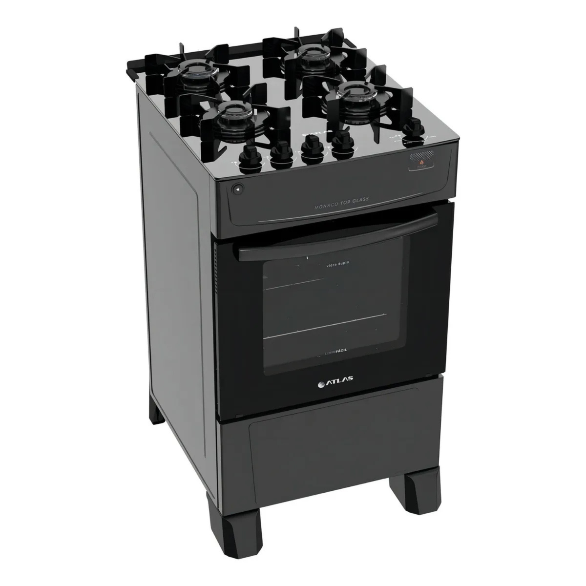 Fogão de Piso 4 Bocas Atlas Mônaco Top Glass Mesa de Vidro Forno 48L Preto