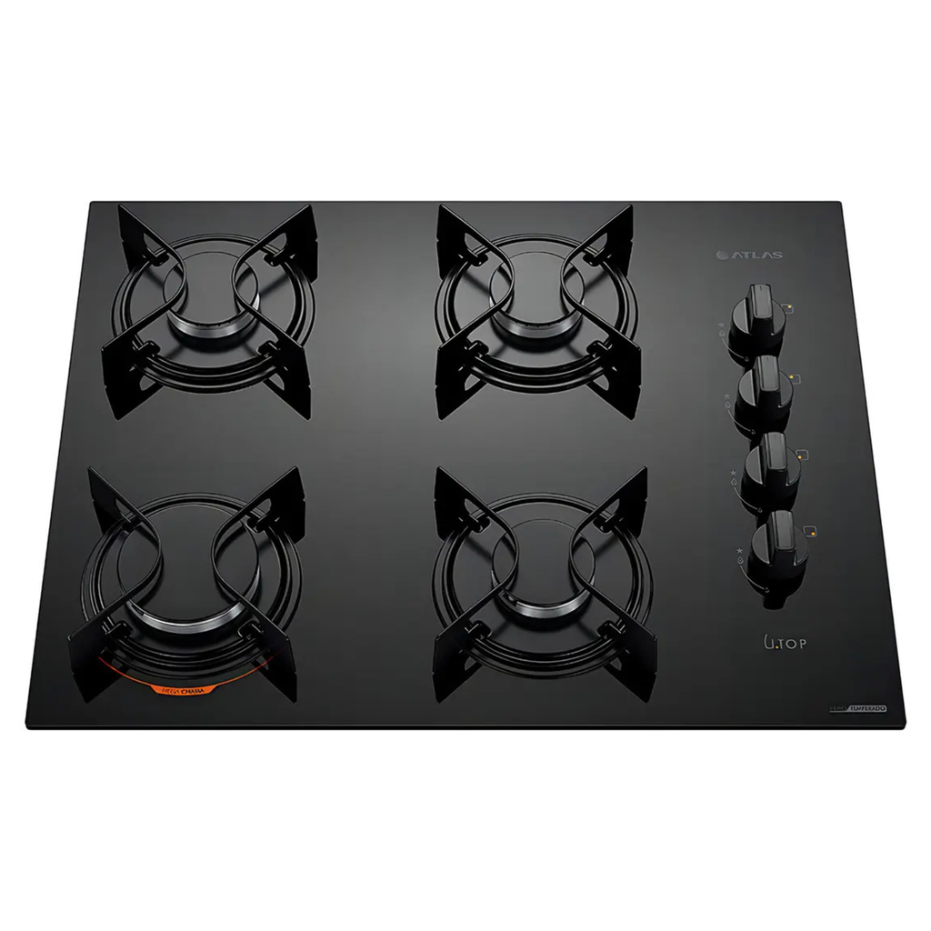 Cooktop 4 Bocas a Gás Atlas UTop Mesa de Vidro Mega Chama Preto