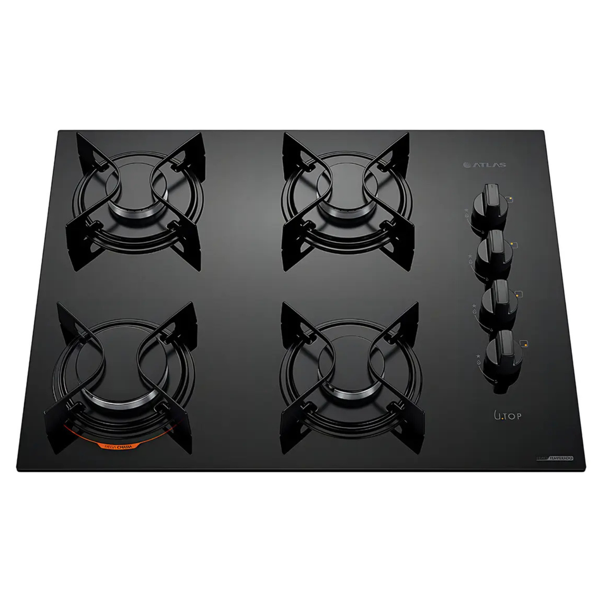 Cooktop 4 Bocas a Gás Atlas UTop Mesa de Vidro Mega Chama Preto
