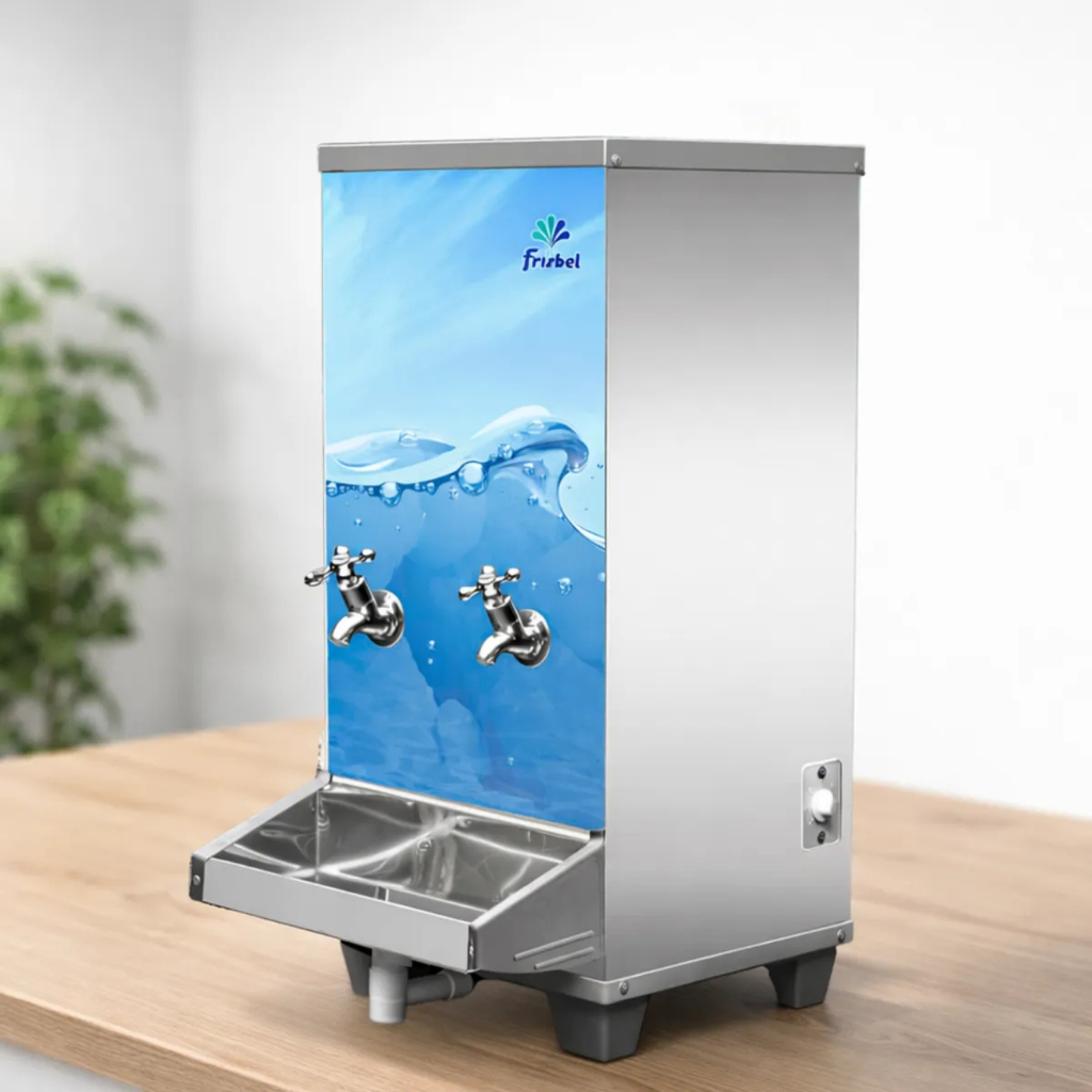 Bebedouro de Água Industrial Frisbel 25 Litros Bancada Aço Inox 2 Torneiras