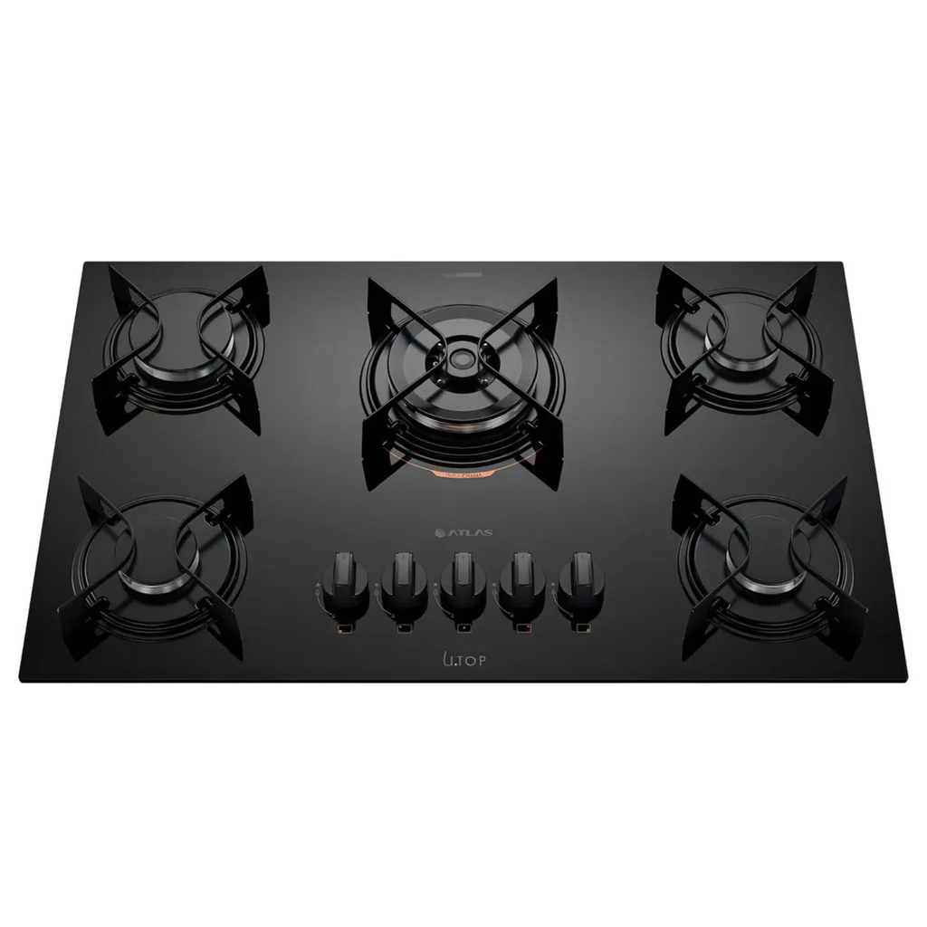Cooktop 5 Bocas a Gás Atlas UTop Mesa de Vidro 2 Mega Chamas Preto