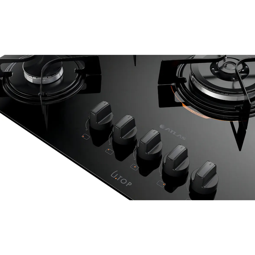 Cooktop 5 Bocas a Gás Atlas UTop Mesa de Vidro 2 Mega Chamas Preto