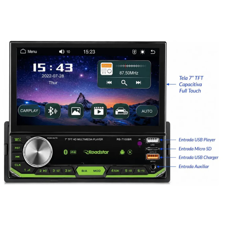 Central Multimídia Mp5 Rs7100br 1 Din 7Pol