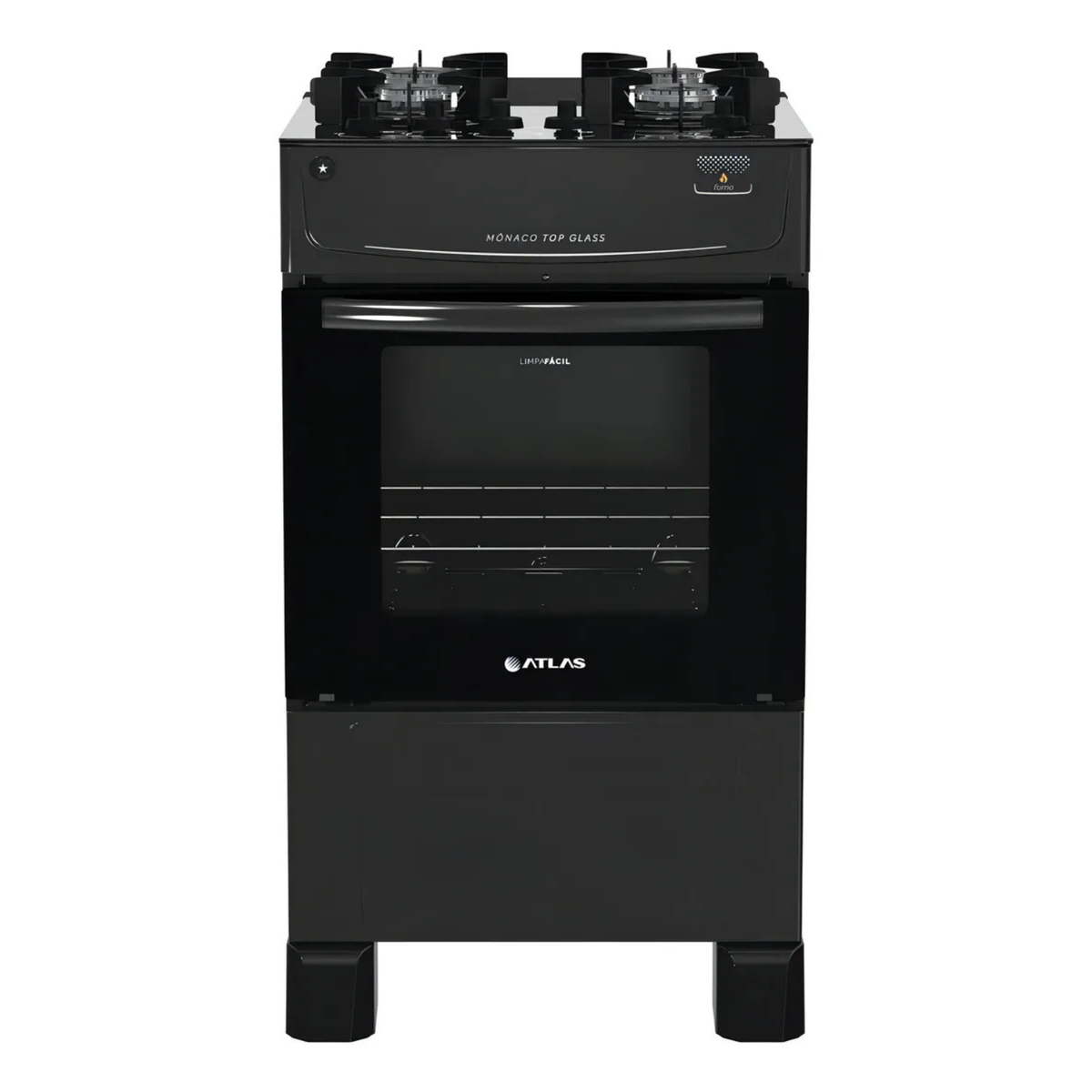 Fogão de Piso 4 Bocas Atlas Mônaco Top Glass Mesa de Vidro Forno 48L Preto